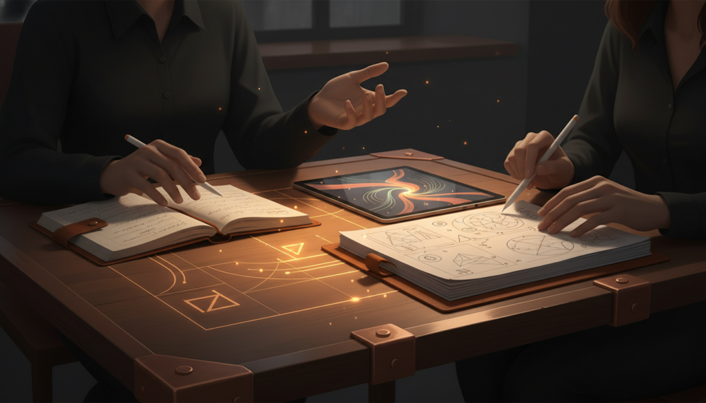 Orange coaching and dialogue-inspired Human Design geometry on a dark background