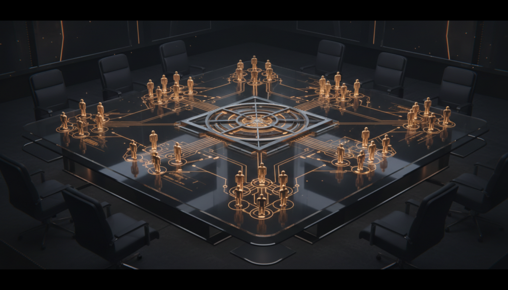 Abstract network of orange interconnected team nodes around Human Design geometry