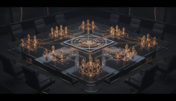 Abstract network of orange interconnected team nodes around Human Design geometry