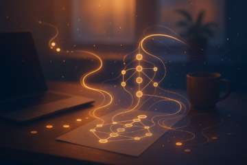 Warm editorial hero illustration showing glowing energy tokens transforming into flowing streams across a subtle Human Design style geometric network, symbolizing a shift to balanced AI usage.