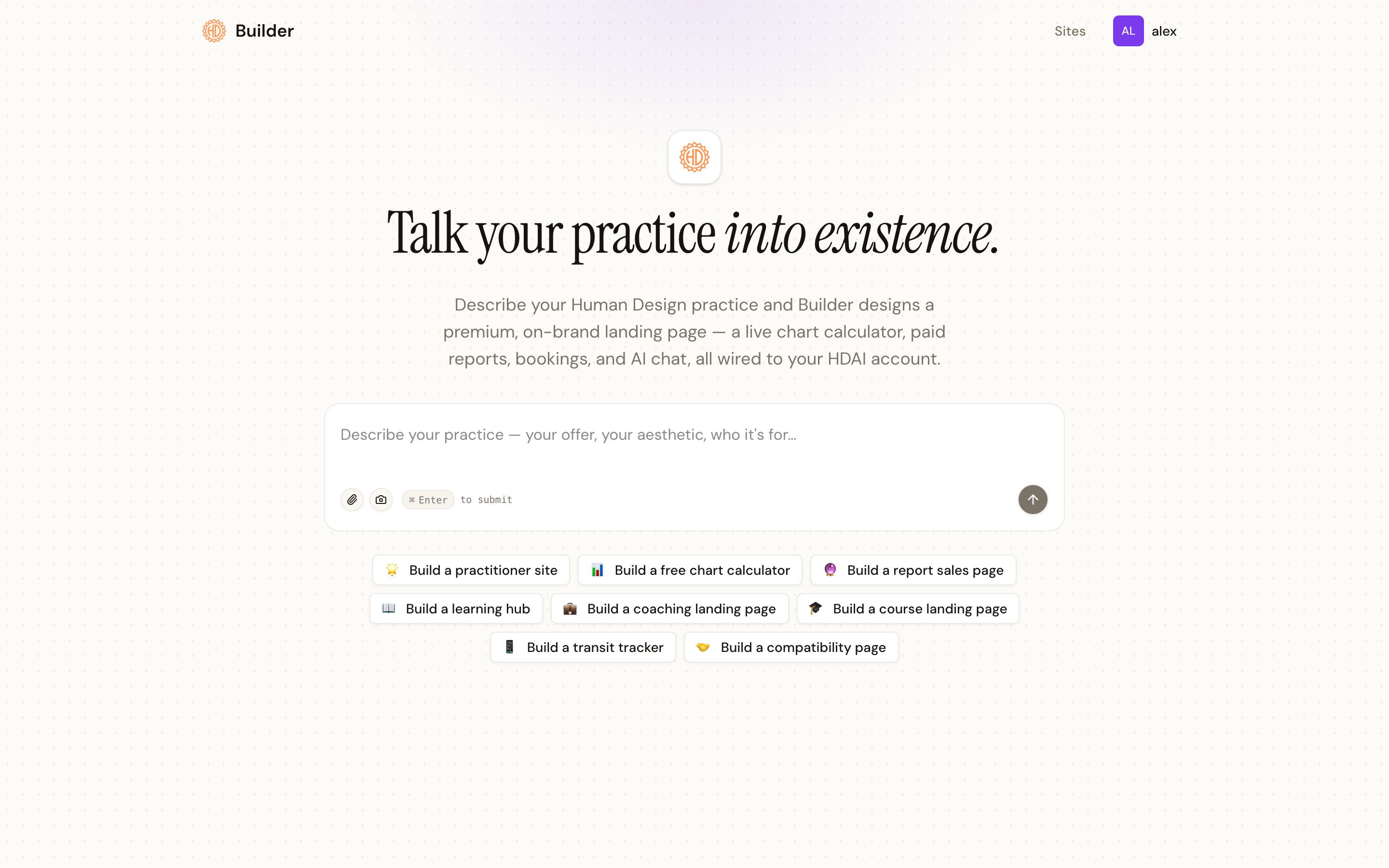 The Builder home screen with the describe-your-practice prompt