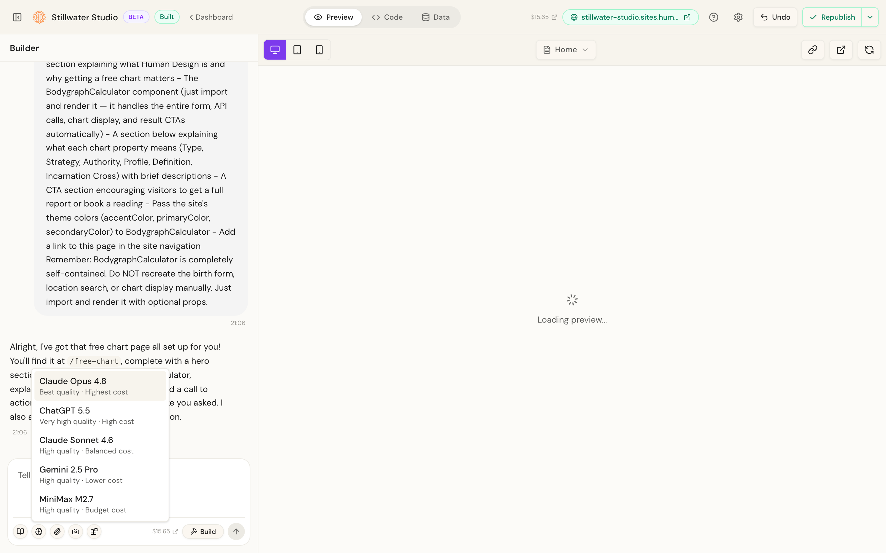 Choosing the AI model that builds the site