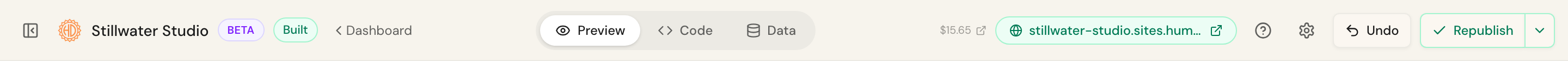 The project top bar with tabs and publish controls