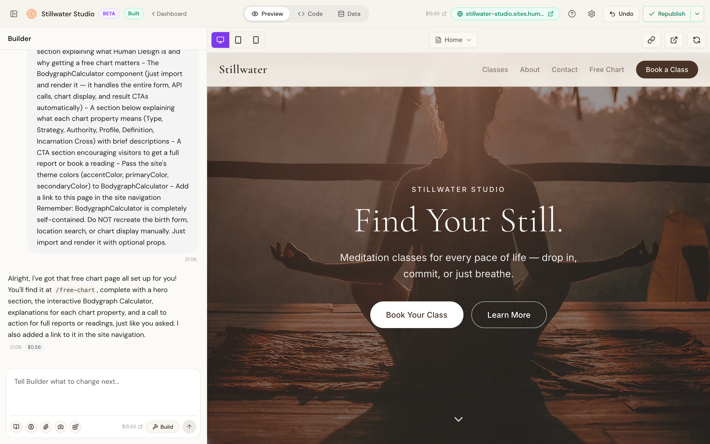 The Builder project workspace with chat, preview, and top bar