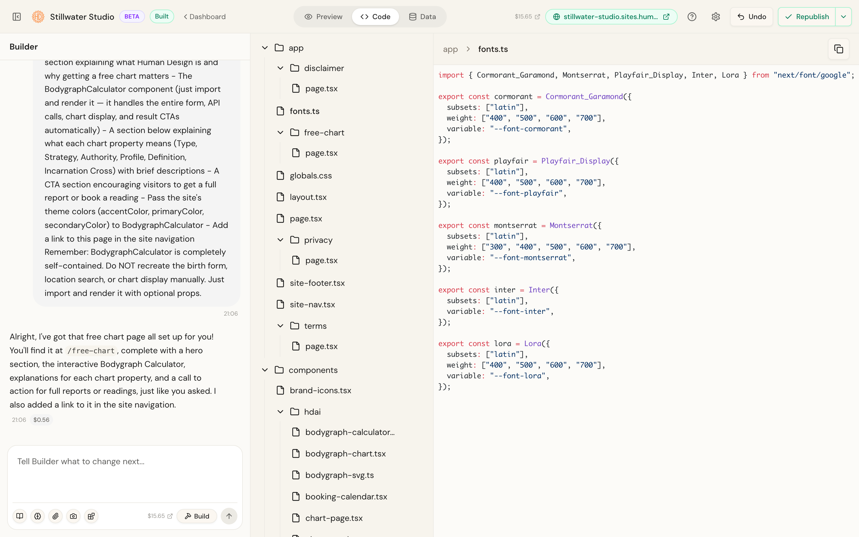 The Code tab showing the generated site files